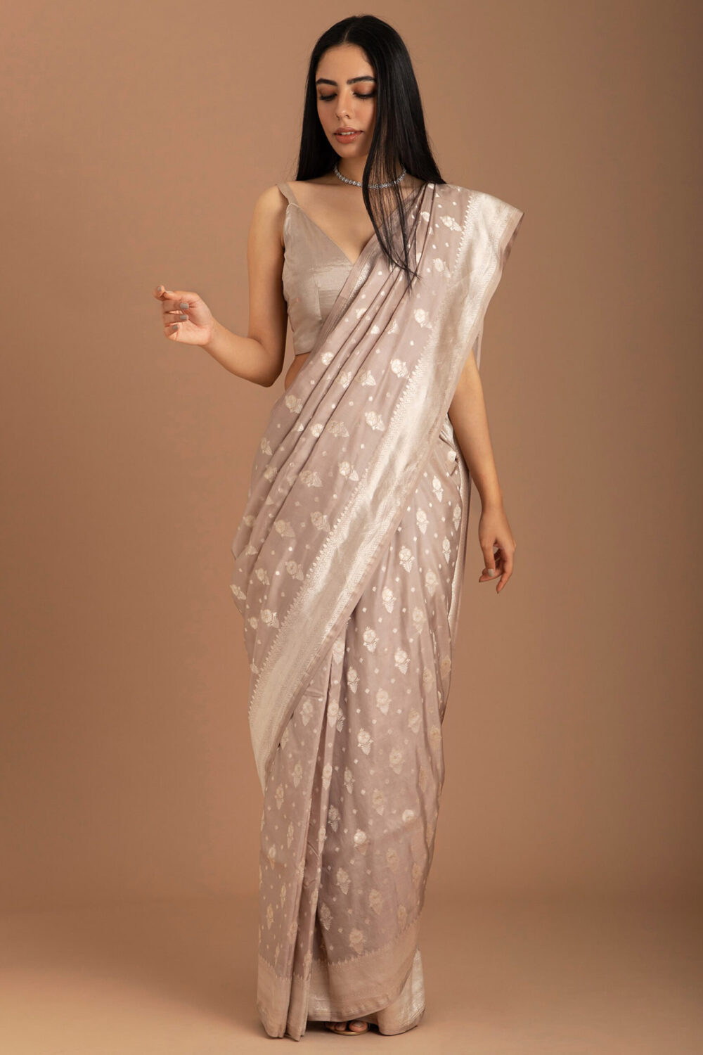 Beige and silver katan silk banarasi Saree