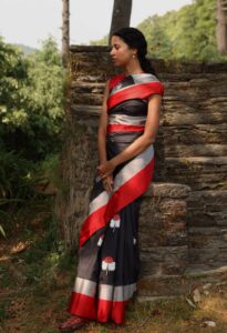 red and black katan silk saree