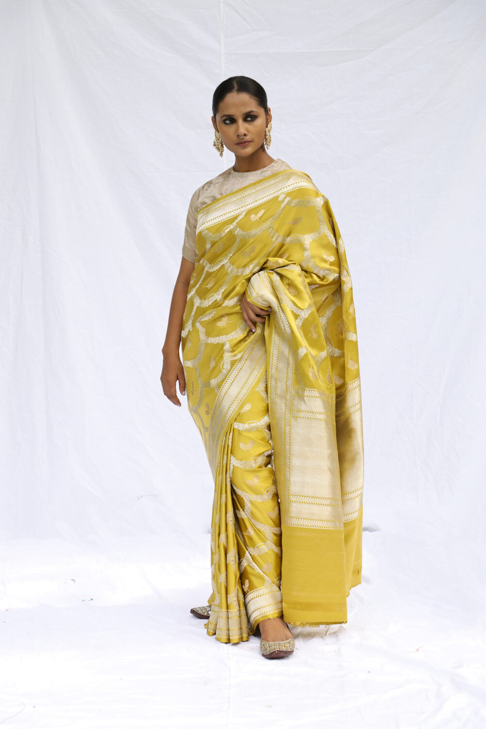 mustard yellow katan silk saree