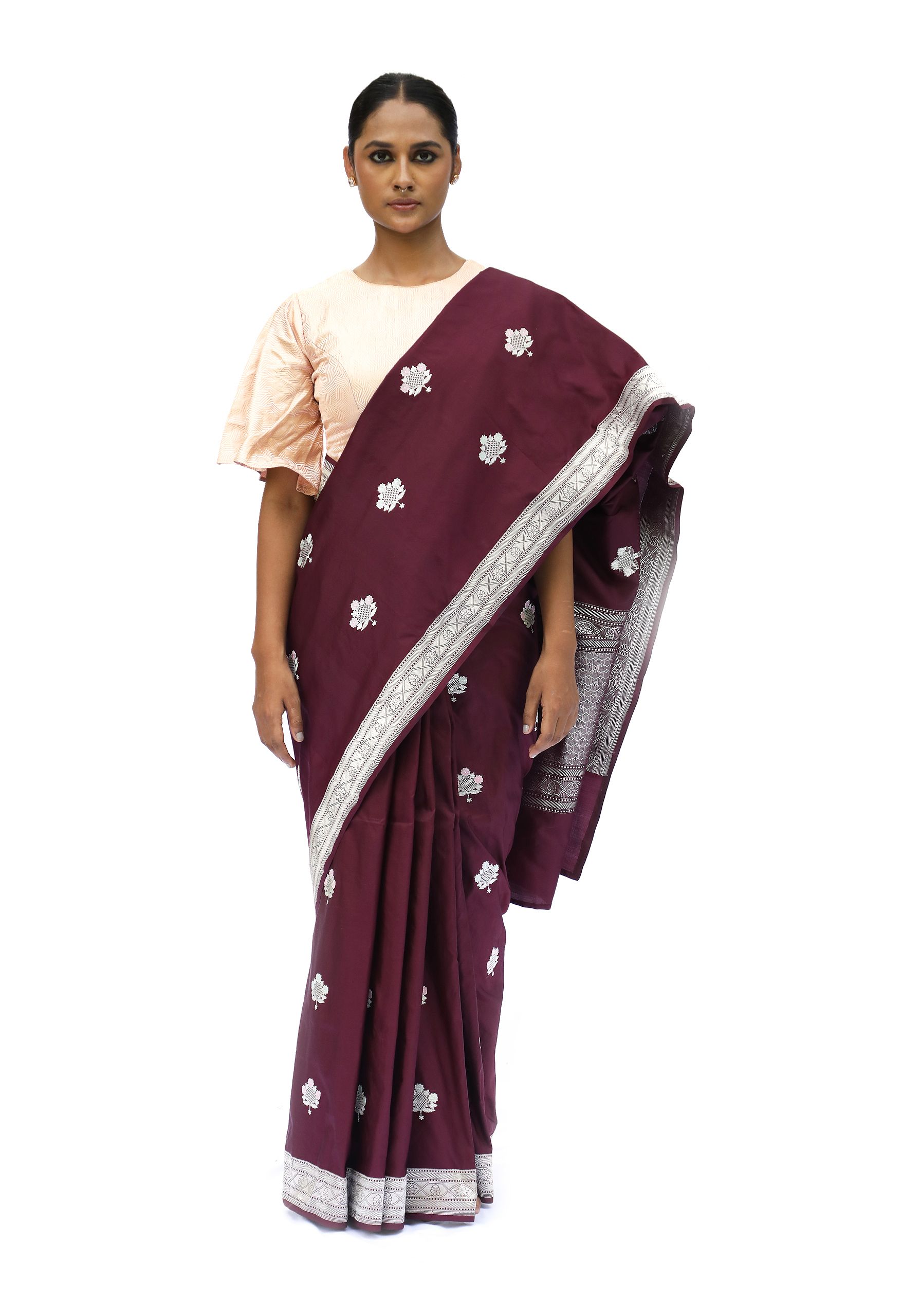 Deep brown katan silk saree