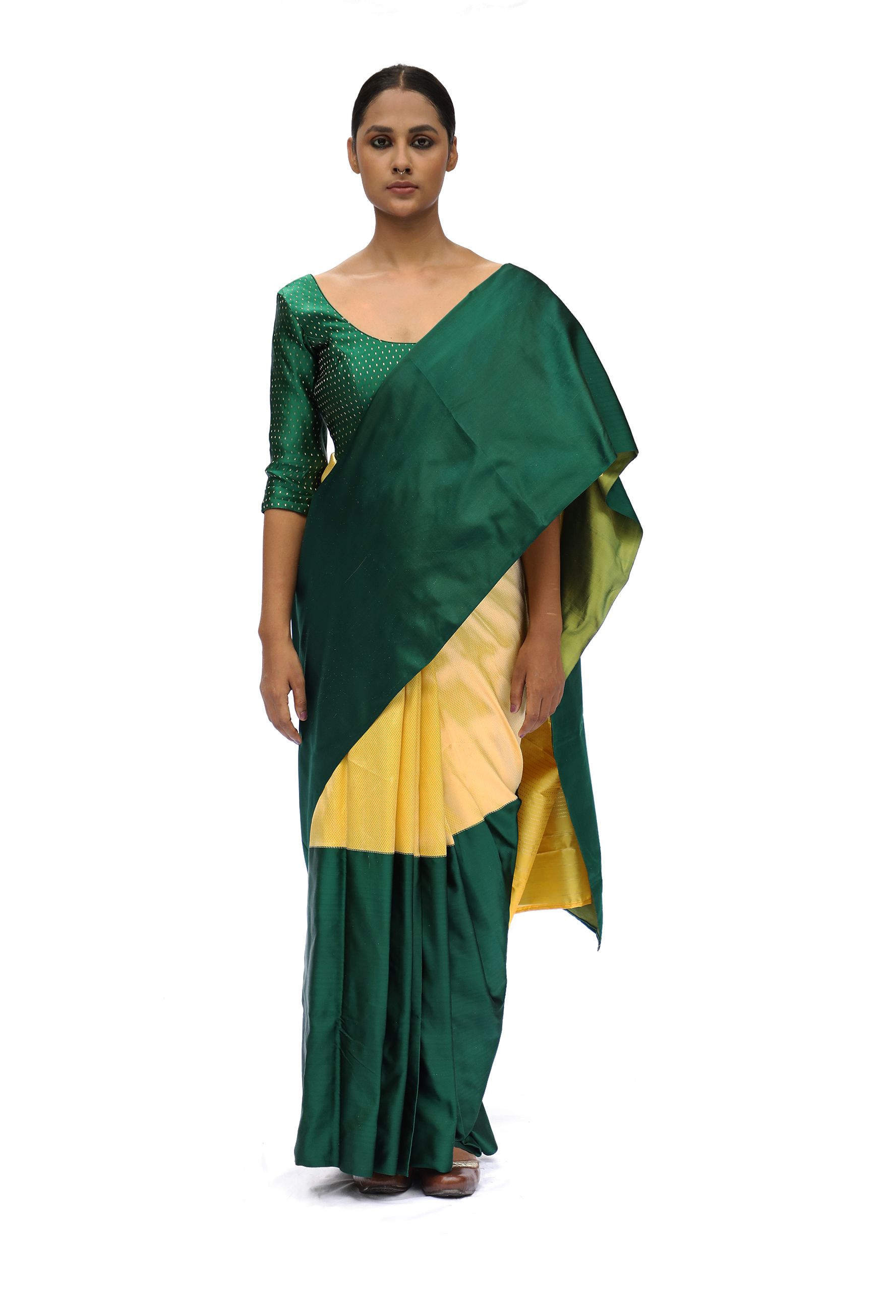 Green and yellow contemporary saree
