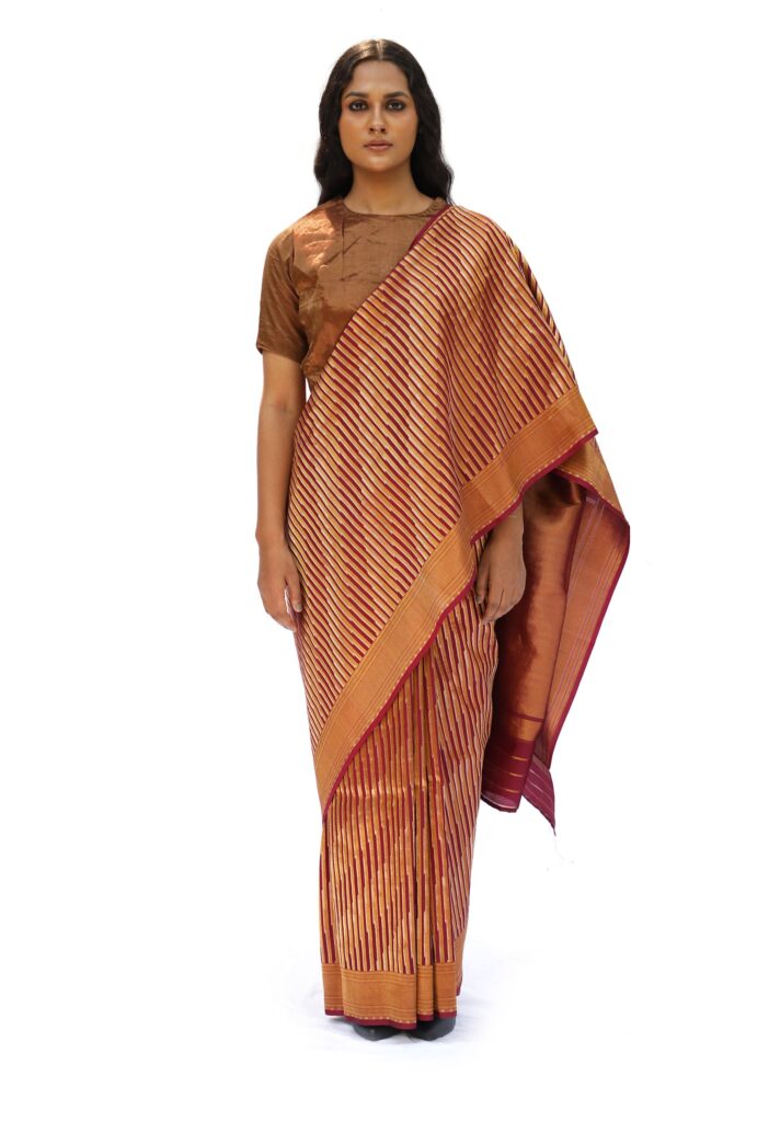 Copper red designer silk saree