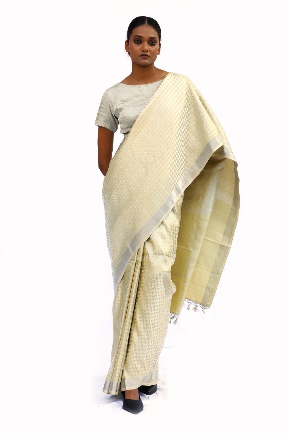 Ivory white mashru silk saree