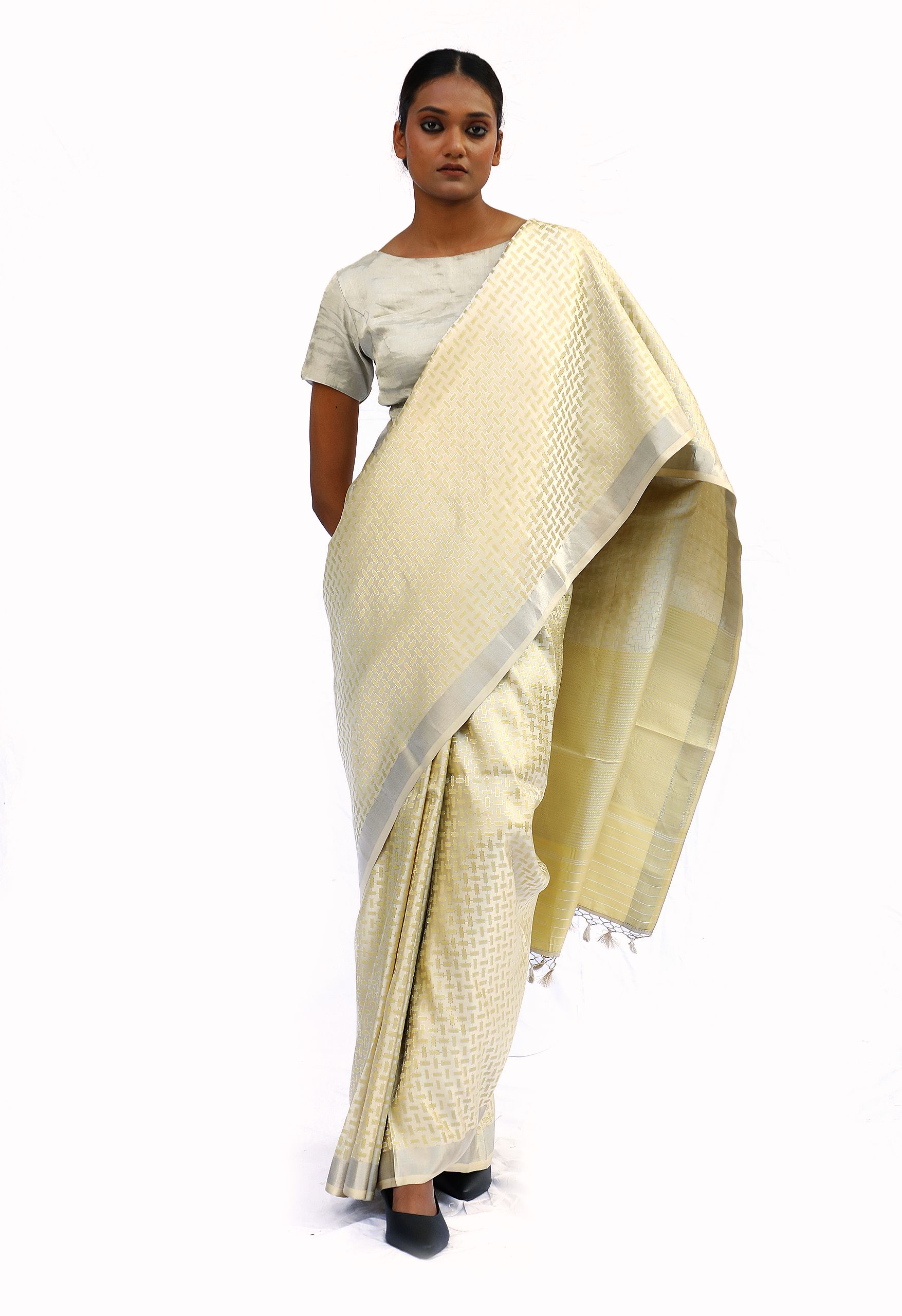 Ivory white mashru silk saree