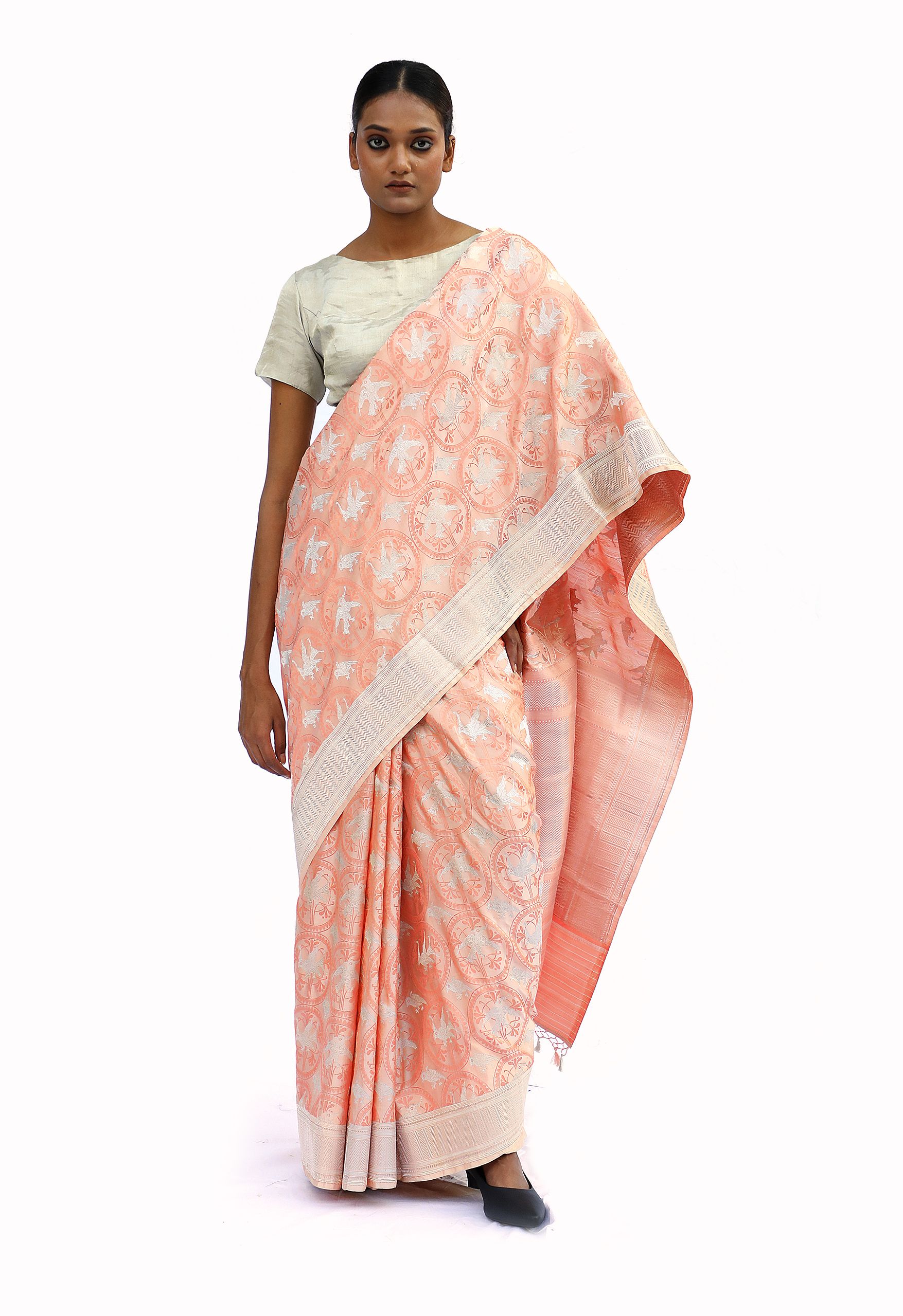Peach Jaal Banarasi Silk Saree