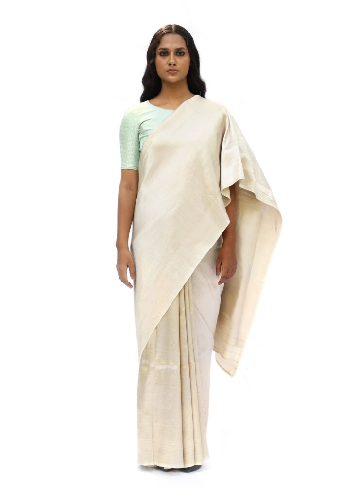 Ivory white katan silk saree