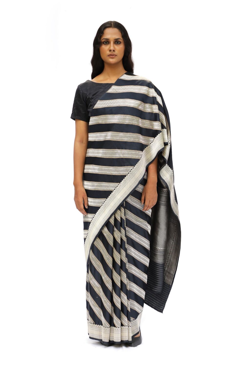 Black and silver stripped katan saree