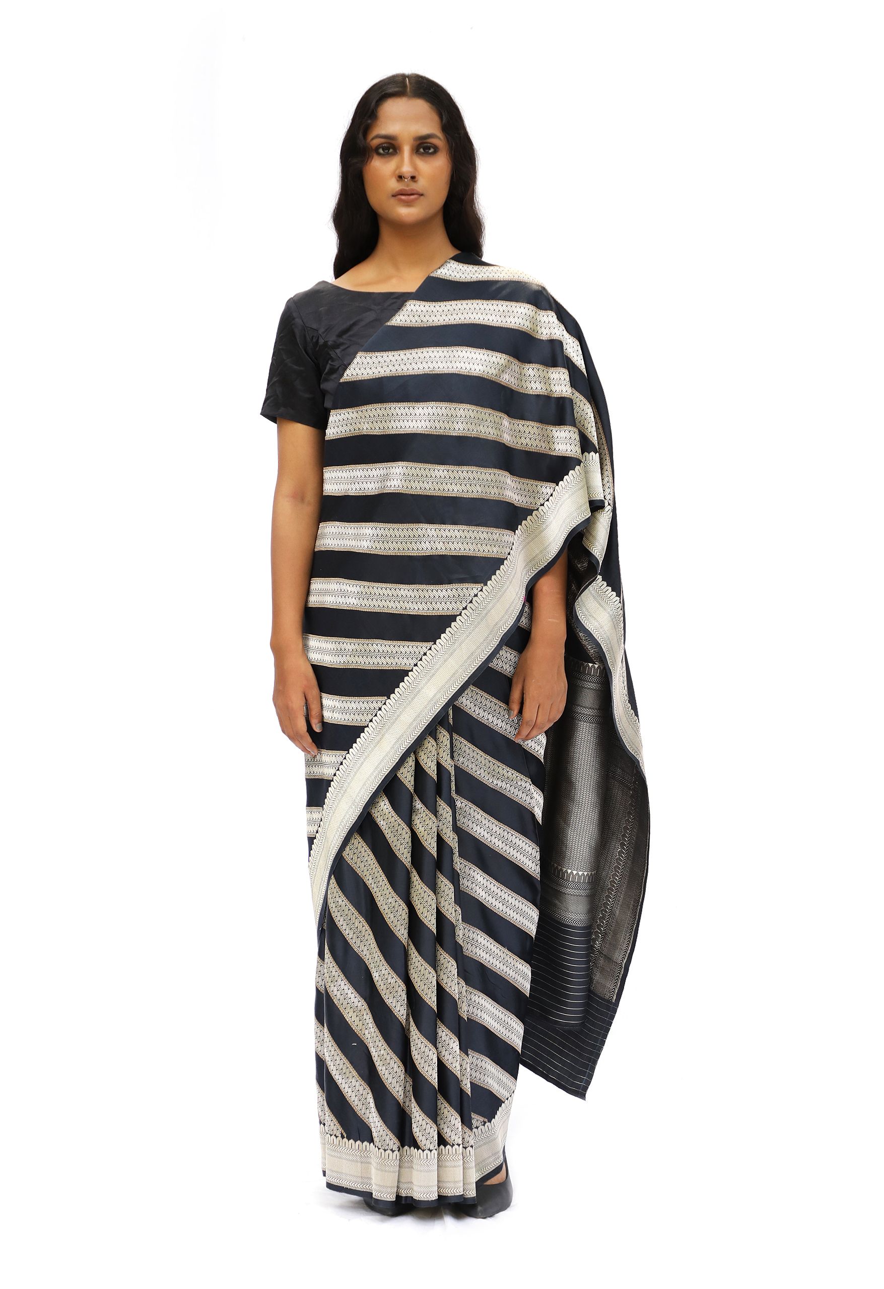 Black and silver stripped katan saree