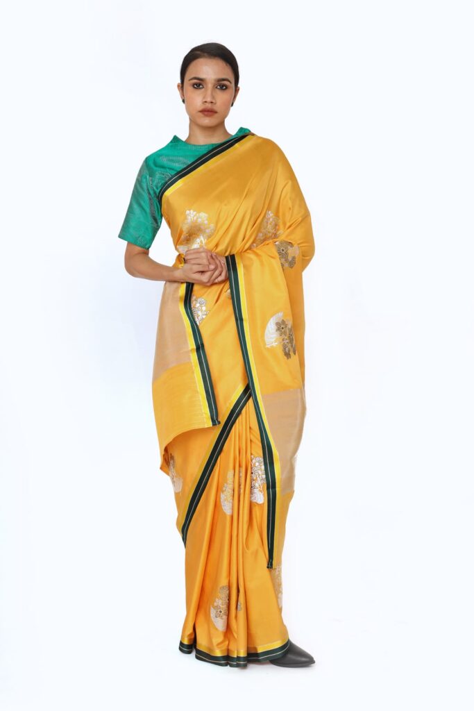 Marigold Yellow Designer Silk Saree