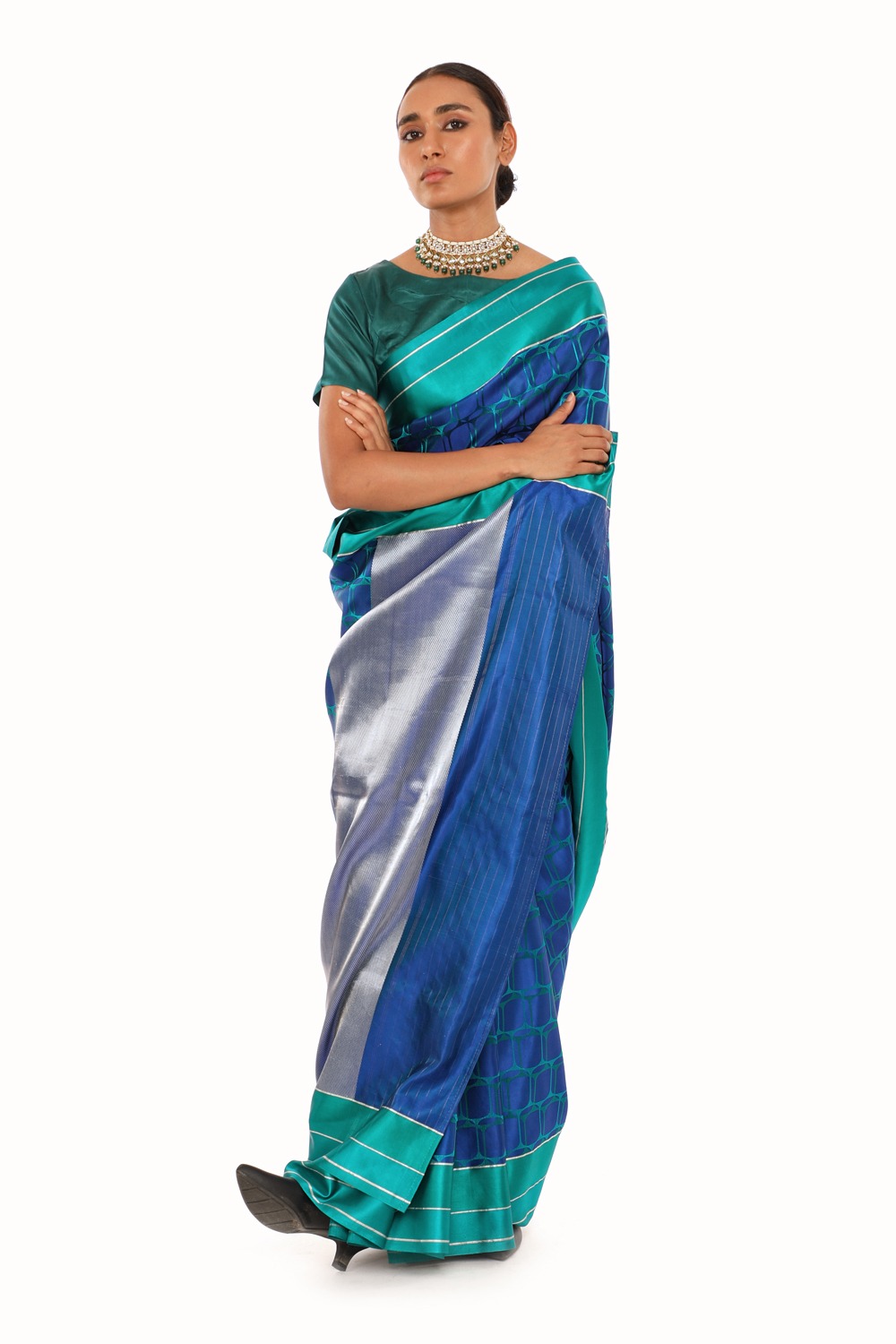 Turquoise blue silk saree